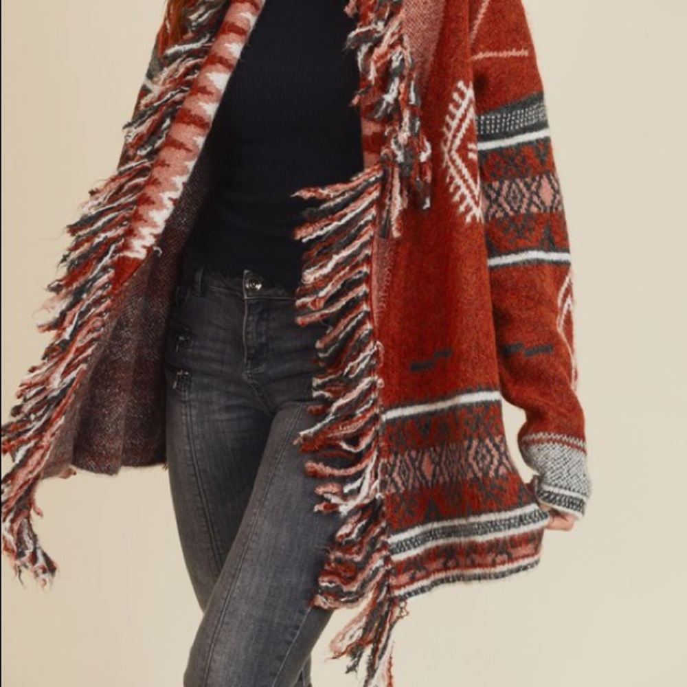 Fringe knit Sweater Cardigan Tribal Retro Print RUST - Picture 5 of 8